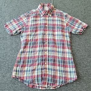 BROOKS BROTHERS Shirt Men's Small Regent Plaid Irish Linen Short Sleeve Madras